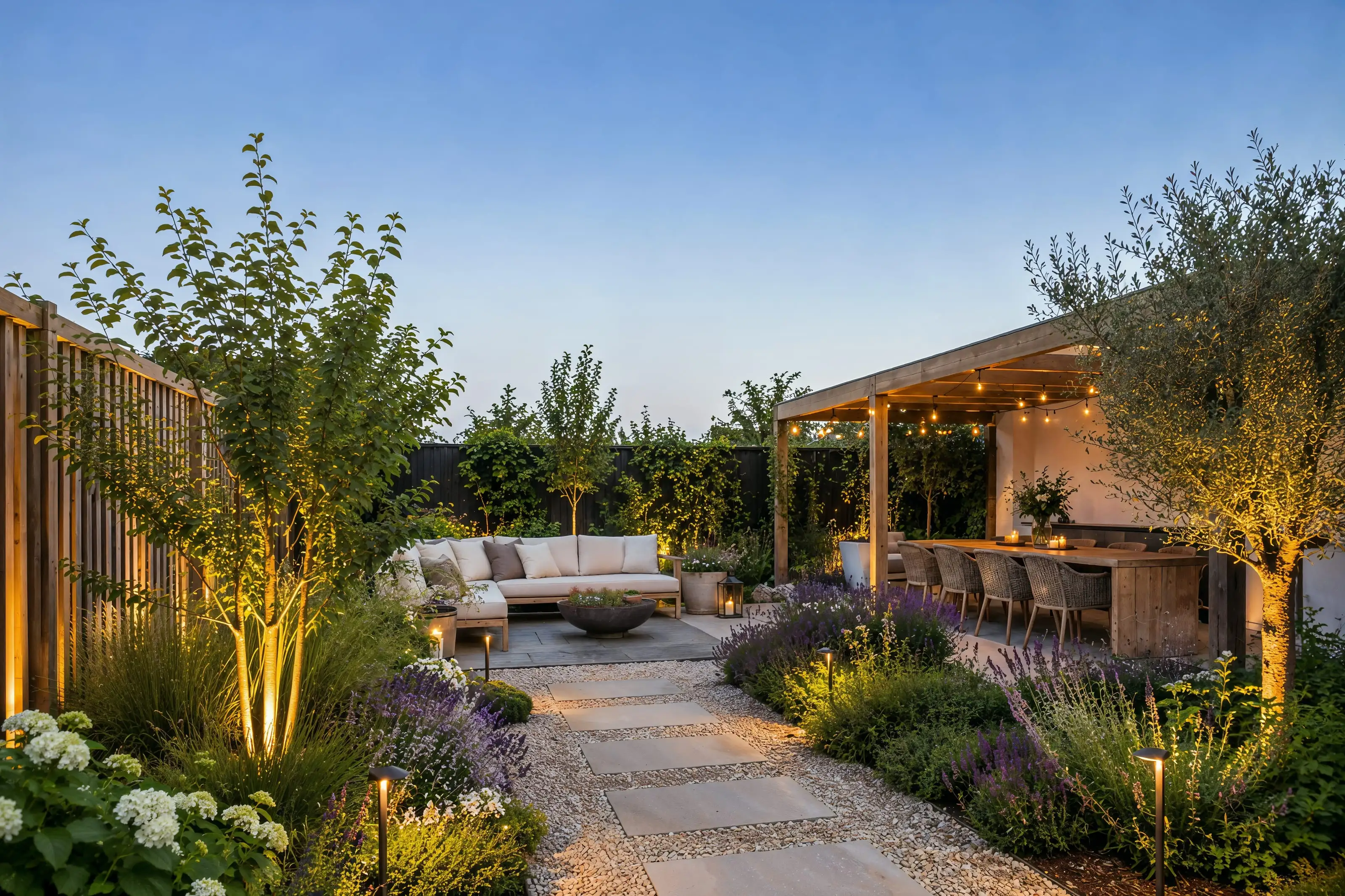 Aangelegde tuin in de avondschemering met vuurschaal, loungebank, overkapping met lichtsnoeren, olijfbomen en verlichte borders met lavendel