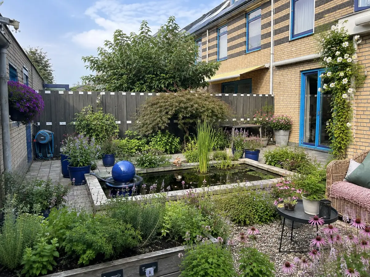 Aangelegde achtertuin met een vierkante vijver, borders vol vaste planten en een terras aan het huis