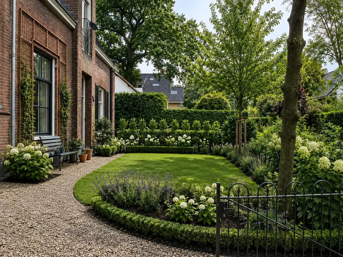 Onderhouden voortuin met een strak gemaaid gazon, geschoren buxusrand en bloeiende hortensia's
