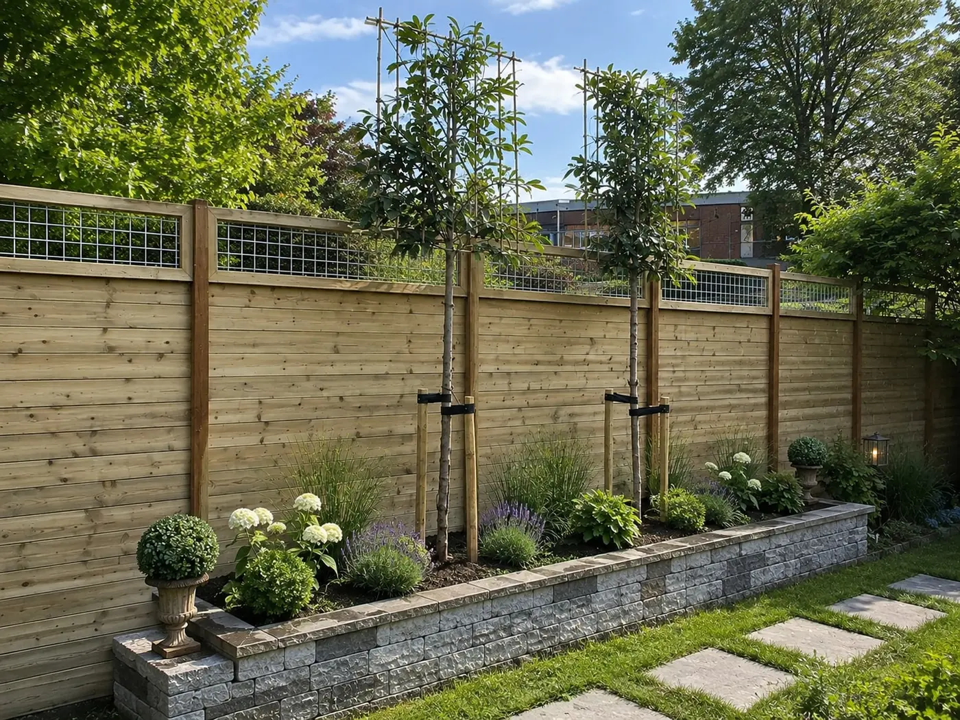 Dezelfde tuin na de onderhoudsbeurt: een schone schutting, een gewiede border met verse grond en strakke staptegels