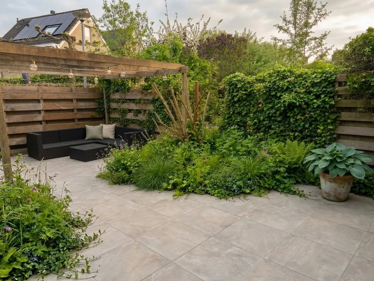 De tuin voor de onderhoudsbeurt: uitgelopen beplanting en onkruid tussen de tegels