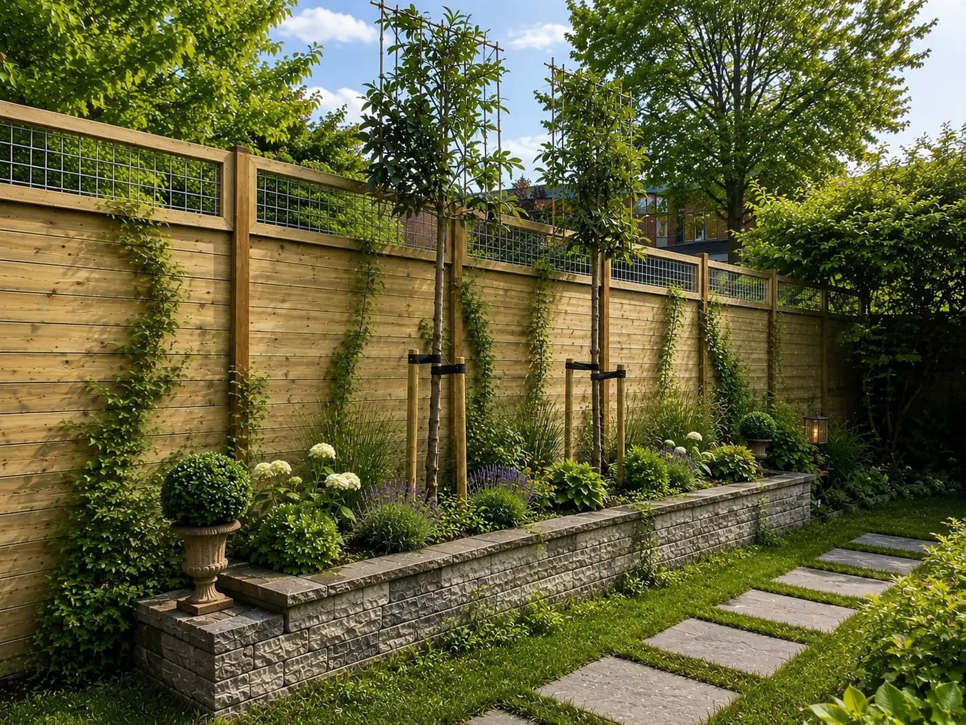De tuin voor de onderhoudsbeurt: klimplanten over de schutting, een uitgegroeide border en gras tussen de staptegels