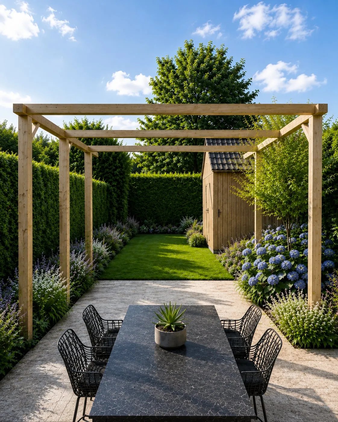 Pergola over een tuinpad, met geschoren hagen en hortensia's langs het gazon