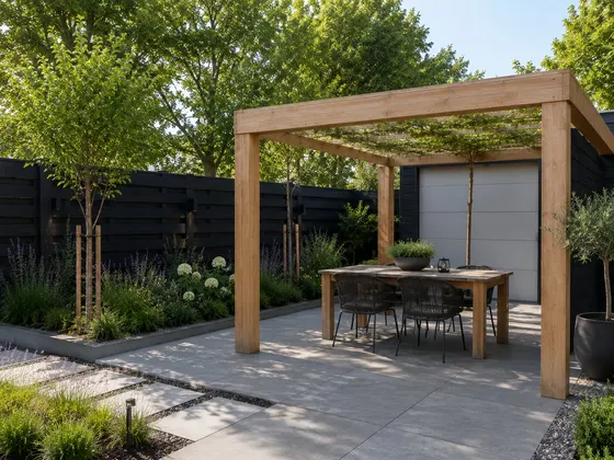 Houten pergola boven een eettafel, met een strak terras langs de garage