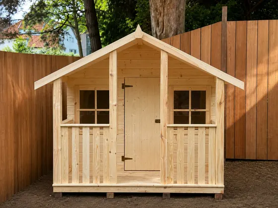 Nieuw geplaatst houten tuinhuis met luiken, tegen een houten schutting