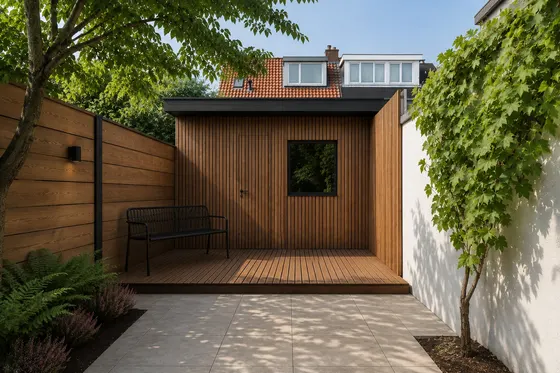 Tuinkamer met houten gevelbekleding en een terras langs de gevel